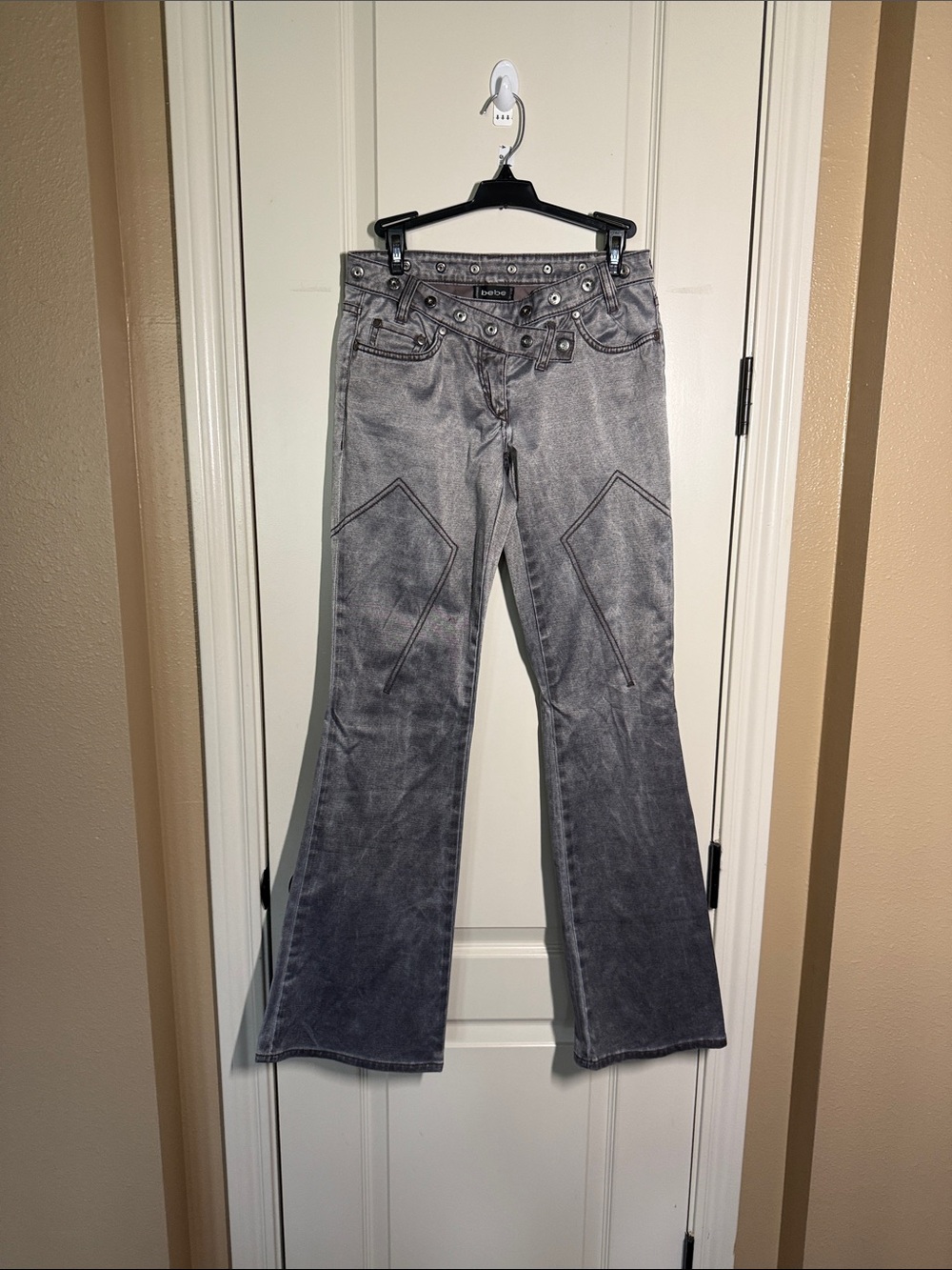 bebe Washed Gray Satin Sheen Flare Jeans with Studded Waist
